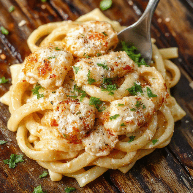 A vibrant bowl of creamy Parmesan chicken pasta featuring tender diced chicken coated in rich, cheesy sauce. The dish is garnished with freshly chopped parsley and grated Parmesan, with a smooth, glossy texture. The plate is styled on a rustic wooden surface with creamy sauce drizzled artistically around the pasta, highlighting the velvety and cheesy appeal. Bright natural lighting enhances the golden tones of the dish, inviting comfort and indulgence.