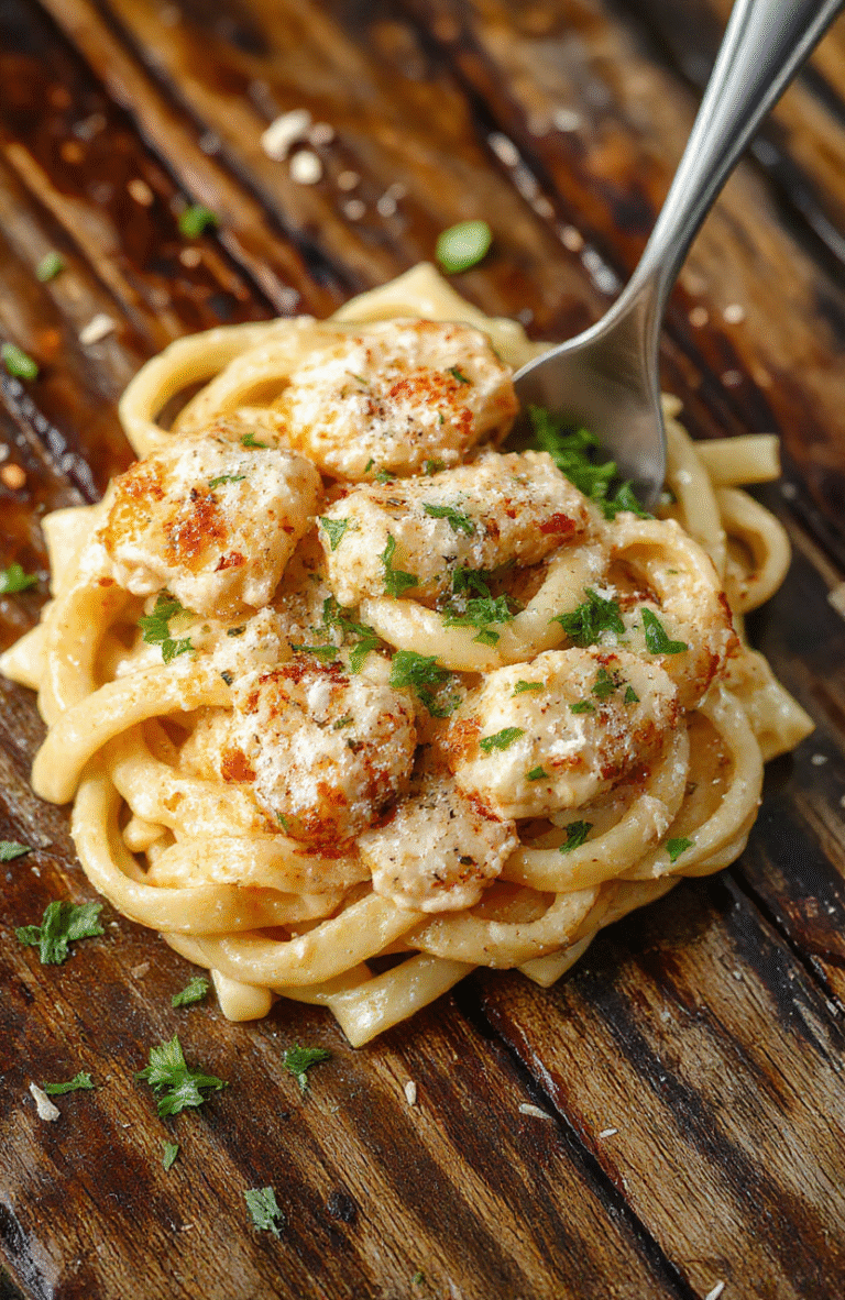 A vibrant bowl of creamy Parmesan chicken pasta featuring tender diced chicken coated in rich, cheesy sauce. The dish is garnished with freshly chopped parsley and grated Parmesan, with a smooth, glossy texture. The plate is styled on a rustic wooden surface with creamy sauce drizzled artistically around the pasta, highlighting the velvety and cheesy appeal. Bright natural lighting enhances the golden tones of the dish, inviting comfort and indulgence.