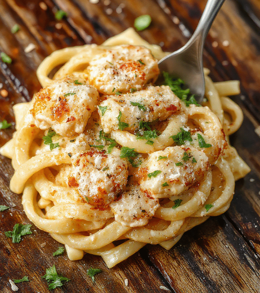 A vibrant bowl of creamy Parmesan chicken pasta featuring tender diced chicken coated in rich, cheesy sauce. The dish is garnished with freshly chopped parsley and grated Parmesan, with a smooth, glossy texture. The plate is styled on a rustic wooden surface with creamy sauce drizzled artistically around the pasta, highlighting the velvety and cheesy appeal. Bright natural lighting enhances the golden tones of the dish, inviting comfort and indulgence.