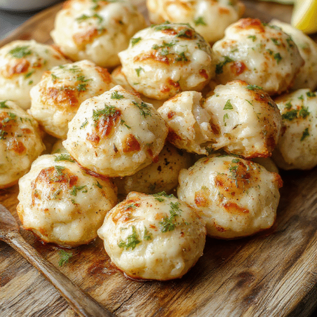 A close-up of golden-brown cheesy garlic parmesan bombs arranged on a rustic wooden platter, topped with chopped parsley and drizzled with extra Parmesan cheese. The bombs have a crispy exterior with melted cheese oozing out, and the background features a soft-focus kitchen setting with a garlic bulb, fresh herbs, and a small bowl of marinara dipping sauce.