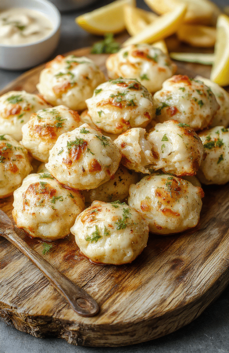 A close-up of golden-brown cheesy garlic parmesan bombs arranged on a rustic wooden platter, topped with chopped parsley and drizzled with extra Parmesan cheese. The bombs have a crispy exterior with melted cheese oozing out, and the background features a soft-focus kitchen setting with a garlic bulb, fresh herbs, and a small bowl of marinara dipping sauce.