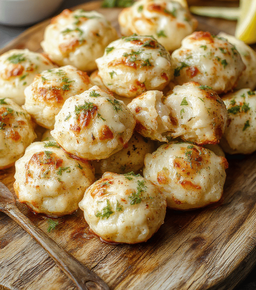 A close-up of golden-brown cheesy garlic parmesan bombs arranged on a rustic wooden platter, topped with chopped parsley and drizzled with extra Parmesan cheese. The bombs have a crispy exterior with melted cheese oozing out, and the background features a soft-focus kitchen setting with a garlic bulb, fresh herbs, and a small bowl of marinara dipping sauce.