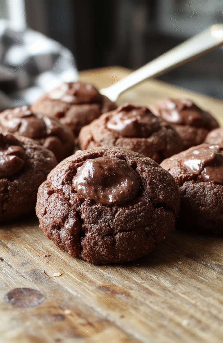 A close-up shot of chewy chocolate thumbprint cookies with glossy chocolate filling, arranged on a rustic wooden tray. The cookies have a rich, fudgy texture with cracked surfaces, showcasing a dark chocolate color contrasted by a shiny, smooth filling. Soft natural lighting highlights their glossy tops and crumbly edges, styled simply to emphasize the indulgent treat.