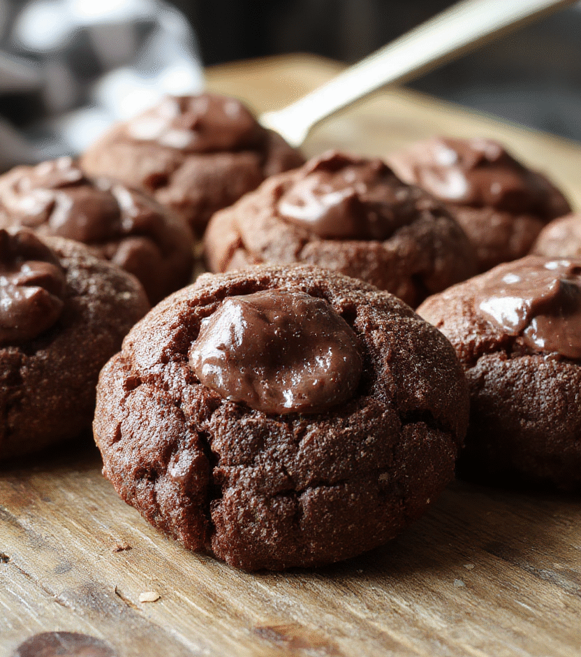 A close-up shot of chewy chocolate thumbprint cookies with glossy chocolate filling, arranged on a rustic wooden tray. The cookies have a rich, fudgy texture with cracked surfaces, showcasing a dark chocolate color contrasted by a shiny, smooth filling. Soft natural lighting highlights their glossy tops and crumbly edges, styled simply to emphasize the indulgent treat.