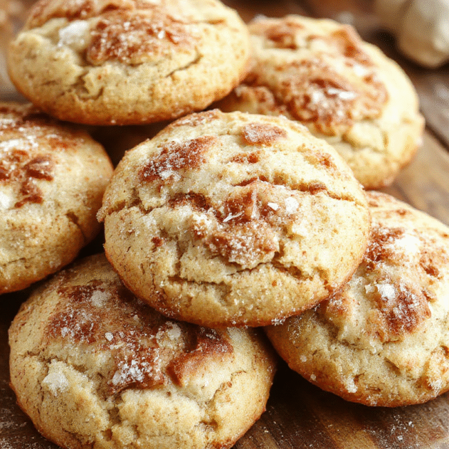 A plate of soft, chewy snickerdoodles dusted with cinnamon sugar, arranged on a rustic wooden surface. The cookies have a golden-brown crust with a slightly cracked top, showcasing their tender interior. A sprinkle of cinnamon and sugar is visible on the surface, with some cinnamon sticks and a small bowl of sugar beside the cookies, styled to look warm and inviting.