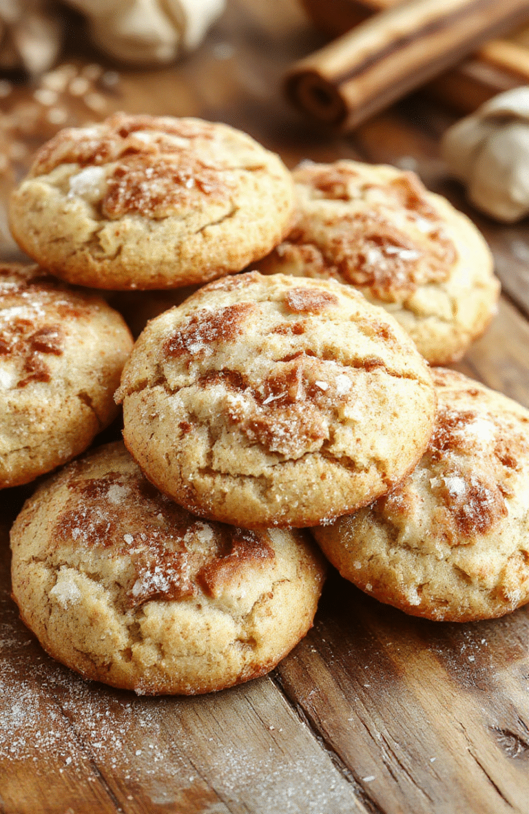 A plate of soft, chewy snickerdoodles dusted with cinnamon sugar, arranged on a rustic wooden surface. The cookies have a golden-brown crust with a slightly cracked top, showcasing their tender interior. A sprinkle of cinnamon and sugar is visible on the surface, with some cinnamon sticks and a small bowl of sugar beside the cookies, styled to look warm and inviting.