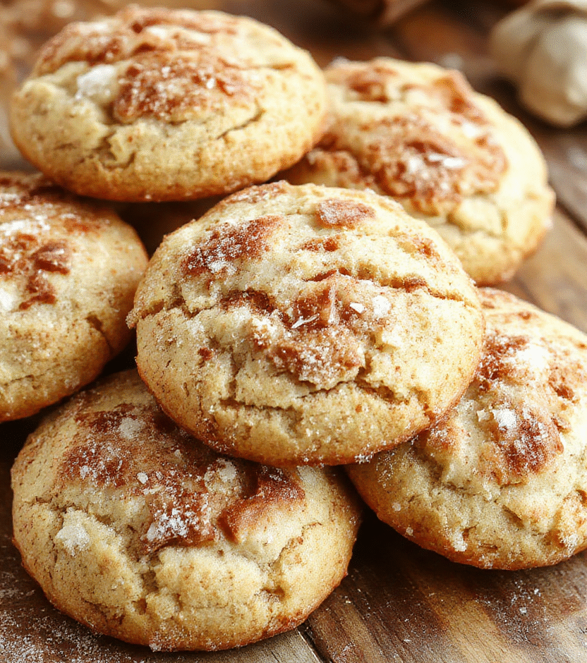 A plate of soft, chewy snickerdoodles dusted with cinnamon sugar, arranged on a rustic wooden surface. The cookies have a golden-brown crust with a slightly cracked top, showcasing their tender interior. A sprinkle of cinnamon and sugar is visible on the surface, with some cinnamon sticks and a small bowl of sugar beside the cookies, styled to look warm and inviting.