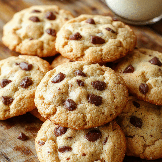 A close-up shot of a plate stacked with golden-brown Cowboy Cookies featuring visible chocolate chips and oats, styled casually on a rustic wooden table with soft, natural daylight highlighting the textures and gooey chocolate chunks.
