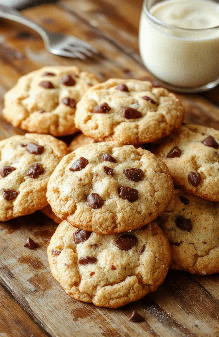 A close-up shot of a plate stacked with golden-brown Cowboy Cookies featuring visible chocolate chips and oats, styled casually on a rustic wooden table with soft, natural daylight highlighting the textures and gooey chocolate chunks.