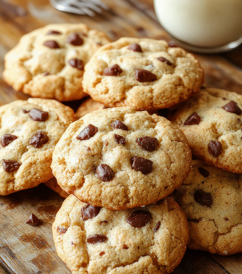 A close-up shot of a plate stacked with golden-brown Cowboy Cookies featuring visible chocolate chips and oats, styled casually on a rustic wooden table with soft, natural daylight highlighting the textures and gooey chocolate chunks.