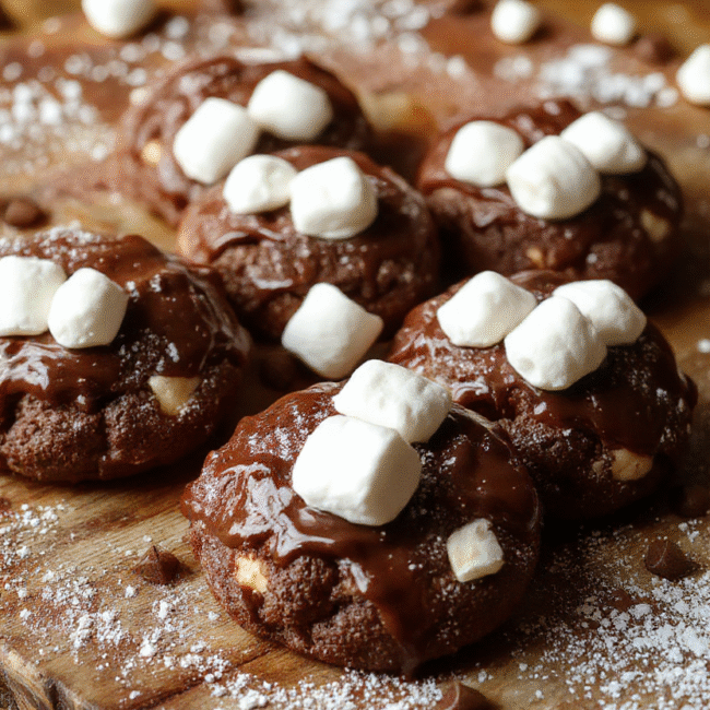 A close-up of chewy hot chocolate cookies arranged on a rustic wooden platter, coated with glossy chocolate glaze and topped with mini marshmallows. The cookies have a rich, fudgy texture with visible chocolate chunks, set against a cozy, warm-toned background with hints of cocoa powder and sprinkled powdered sugar for a festive, inviting look.