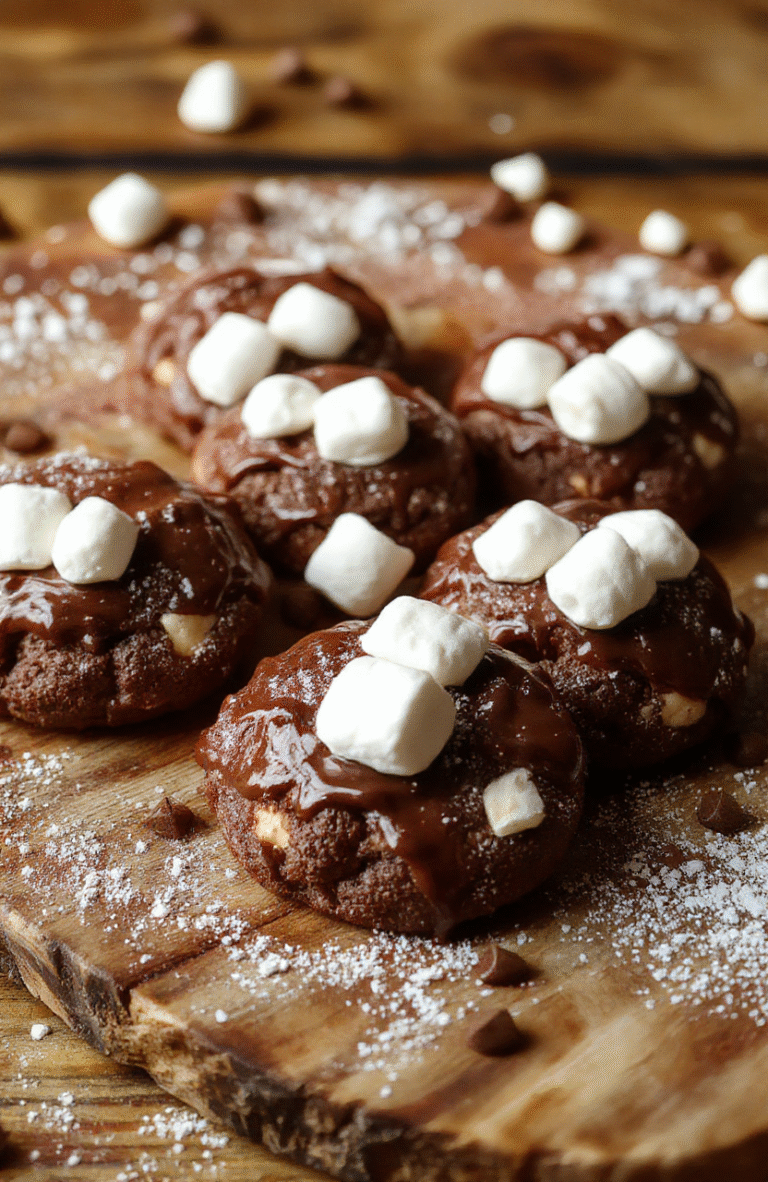 A close-up of chewy hot chocolate cookies arranged on a rustic wooden platter, coated with glossy chocolate glaze and topped with mini marshmallows. The cookies have a rich, fudgy texture with visible chocolate chunks, set against a cozy, warm-toned background with hints of cocoa powder and sprinkled powdered sugar for a festive, inviting look.