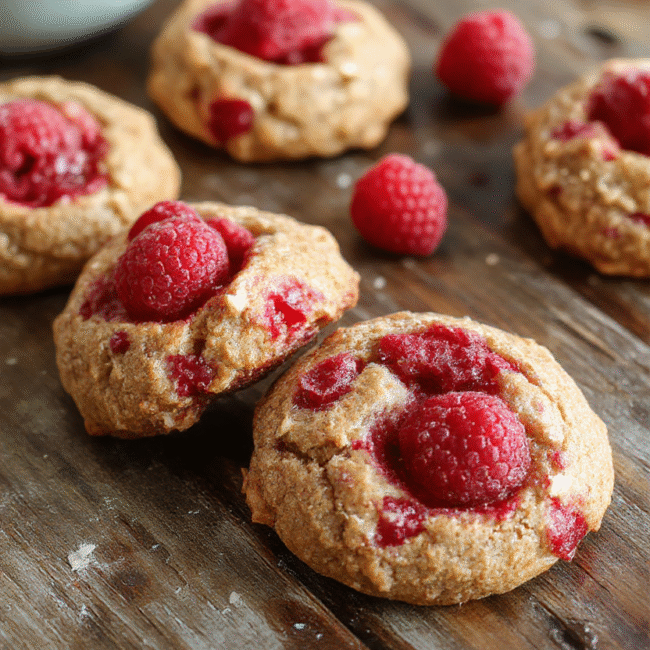 A close-up of chewy raspberry cookies on a rustic wooden platter, vibrant red raspberries embedded in golden-brown cookies, slightly cracked surface with a glossy raspberry center, styled casually with a few fresh raspberries scattered around, soft natural lighting emphasizing textures.