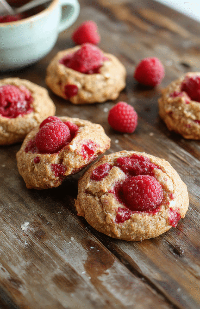 A close-up of chewy raspberry cookies on a rustic wooden platter, vibrant red raspberries embedded in golden-brown cookies, slightly cracked surface with a glossy raspberry center, styled casually with a few fresh raspberries scattered around, soft natural lighting emphasizing textures.