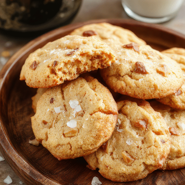 A close-up of golden brown chewy butterscotch cookies topped with flaky sea salt, arranged on a rustic wooden plate with a sprinkle of sea salt crystals, showcasing the crispy edges and soft center, with a light background and natural daylight highlighting the textures