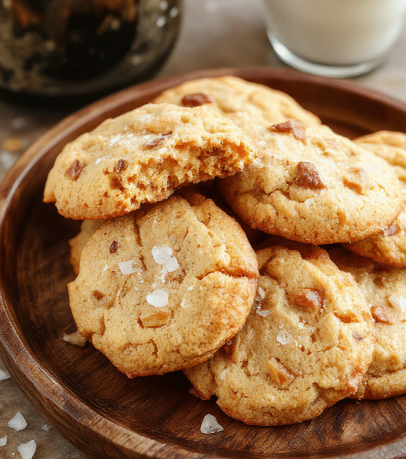 A close-up of golden brown chewy butterscotch cookies topped with flaky sea salt, arranged on a rustic wooden plate with a sprinkle of sea salt crystals, showcasing the crispy edges and soft center, with a light background and natural daylight highlighting the textures