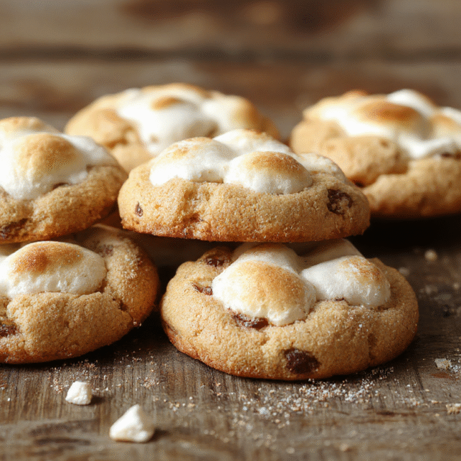 A plate of chewy s'mores cookies with golden-brown edges, topped with lightly toasted marshmallows and drizzled chocolate, styled on a rustic wooden surface with a soft-focus background.