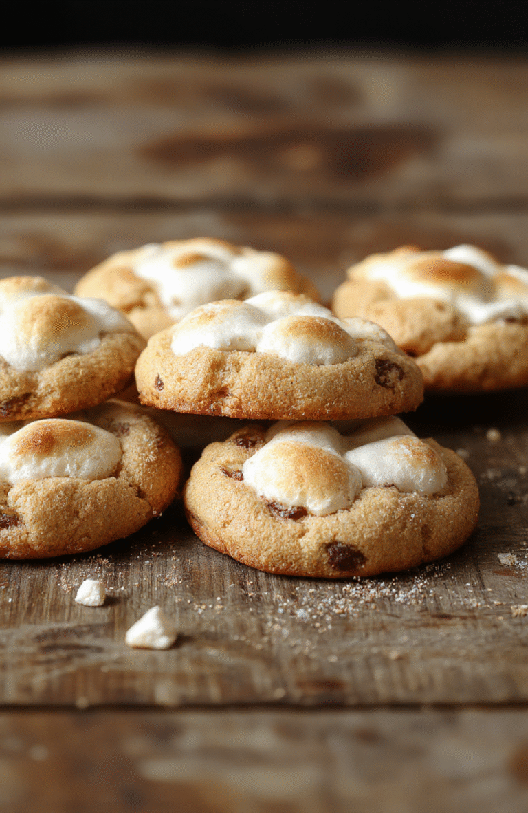 A plate of chewy s'mores cookies with golden-brown edges, topped with lightly toasted marshmallows and drizzled chocolate, styled on a rustic wooden surface with a soft-focus background.