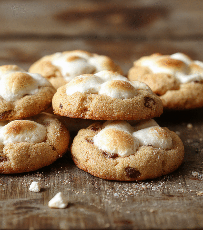 A plate of chewy s'mores cookies with golden-brown edges, topped with lightly toasted marshmallows and drizzled chocolate, styled on a rustic wooden surface with a soft-focus background.