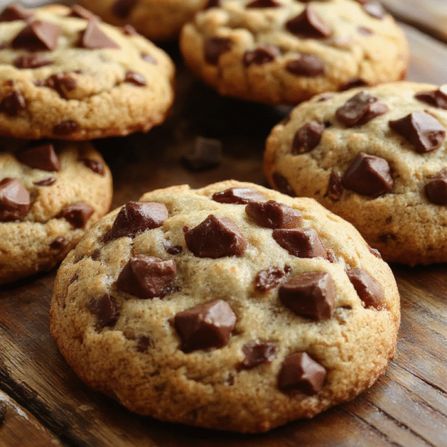 A close-up of a freshly baked batch of chewy and soft chocolate chip cookies stacked in a rustic wooden basket, glossy chocolate chips visible, golden edges, soft interior texture, styled with a few cracked cookies showing their moist centers, on a neutral-colored cloth.