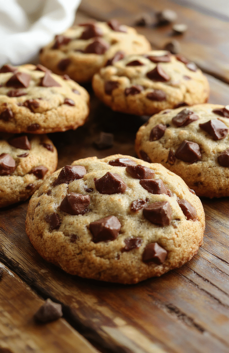 A close-up of a freshly baked batch of chewy and soft chocolate chip cookies stacked in a rustic wooden basket, glossy chocolate chips visible, golden edges, soft interior texture, styled with a few cracked cookies showing their moist centers, on a neutral-colored cloth.