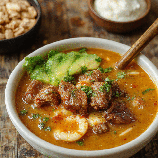 A steaming bowl of beef ramen noodles with tender beef slices, soft boiled eggs, chopped scallions, and rich broth, beautifully styled on a rustic wooden table with a warm, inviting atmosphere.