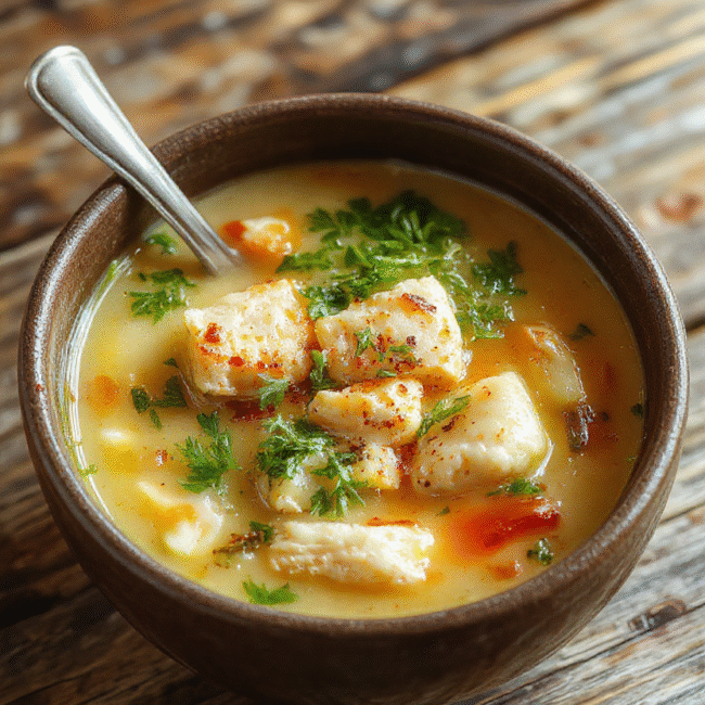 A steaming bowl of chicken noodle soup with tender shredded chicken, vibrant vegetables, and curly noodles, garnished with fresh herbs, served on a rustic wooden table with a cozy ambiance.