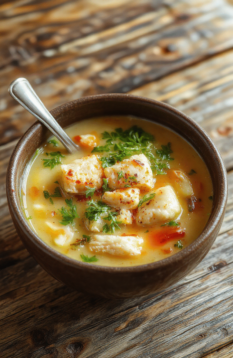 A steaming bowl of chicken noodle soup with tender shredded chicken, vibrant vegetables, and curly noodles, garnished with fresh herbs, served on a rustic wooden table with a cozy ambiance.