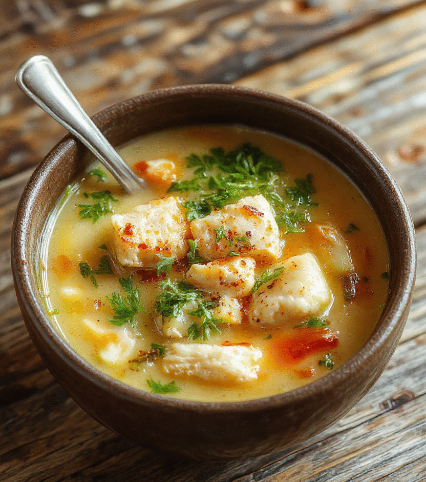A steaming bowl of chicken noodle soup with tender shredded chicken, vibrant vegetables, and curly noodles, garnished with fresh herbs, served on a rustic wooden table with a cozy ambiance.