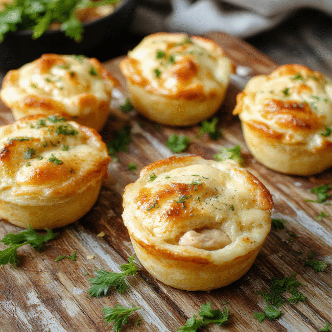 A golden-brown mini chicken pot pie with flaky crust, steaming hot filling visible at the edges, presented on a rustic wooden surface with fresh herbs and vegetables around, styled casually for inviting comfort food appeal.