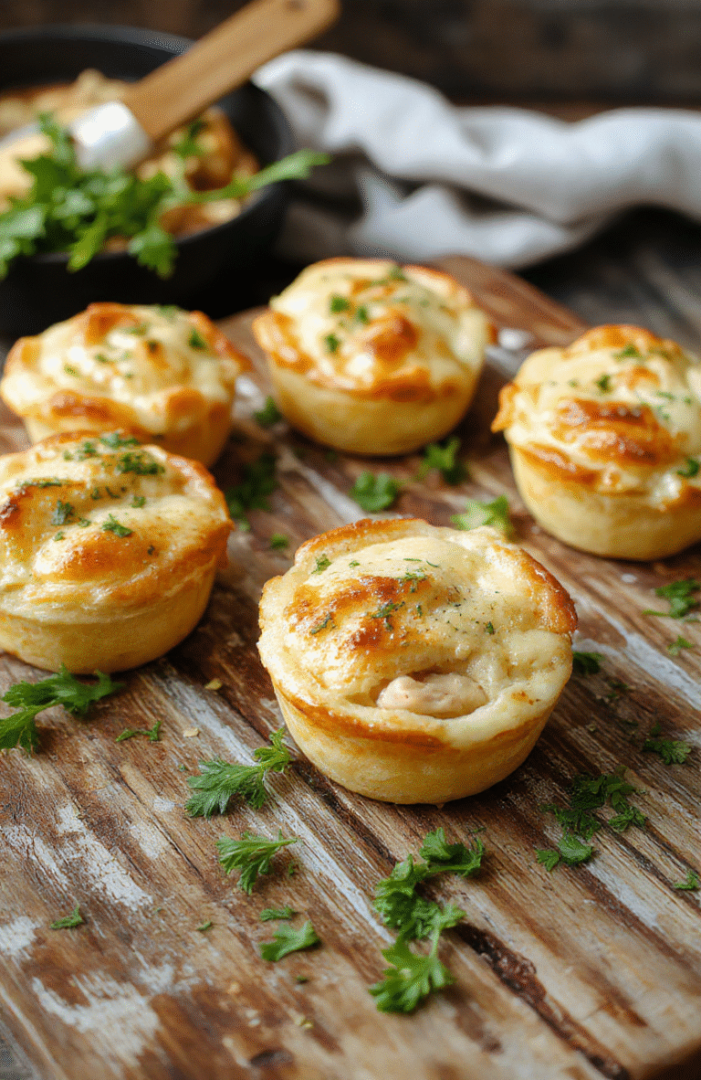 A golden-brown mini chicken pot pie with flaky crust, steaming hot filling visible at the edges, presented on a rustic wooden surface with fresh herbs and vegetables around, styled casually for inviting comfort food appeal.