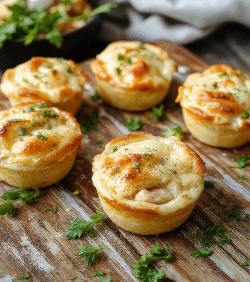 A golden-brown mini chicken pot pie with flaky crust, steaming hot filling visible at the edges, presented on a rustic wooden surface with fresh herbs and vegetables around, styled casually for inviting comfort food appeal.