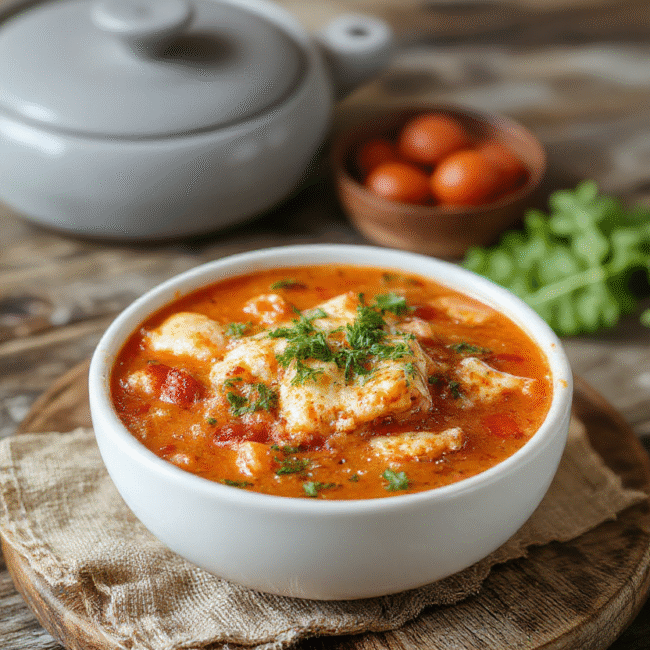 A vibrant bowl of steaming lasagna soup with layers of melted cheese, crumbled sausage, and tomato broth topped with fresh basil leaves, served on a rustic wooden table with a spoon resting inside, capturing rich textures and warm colors.