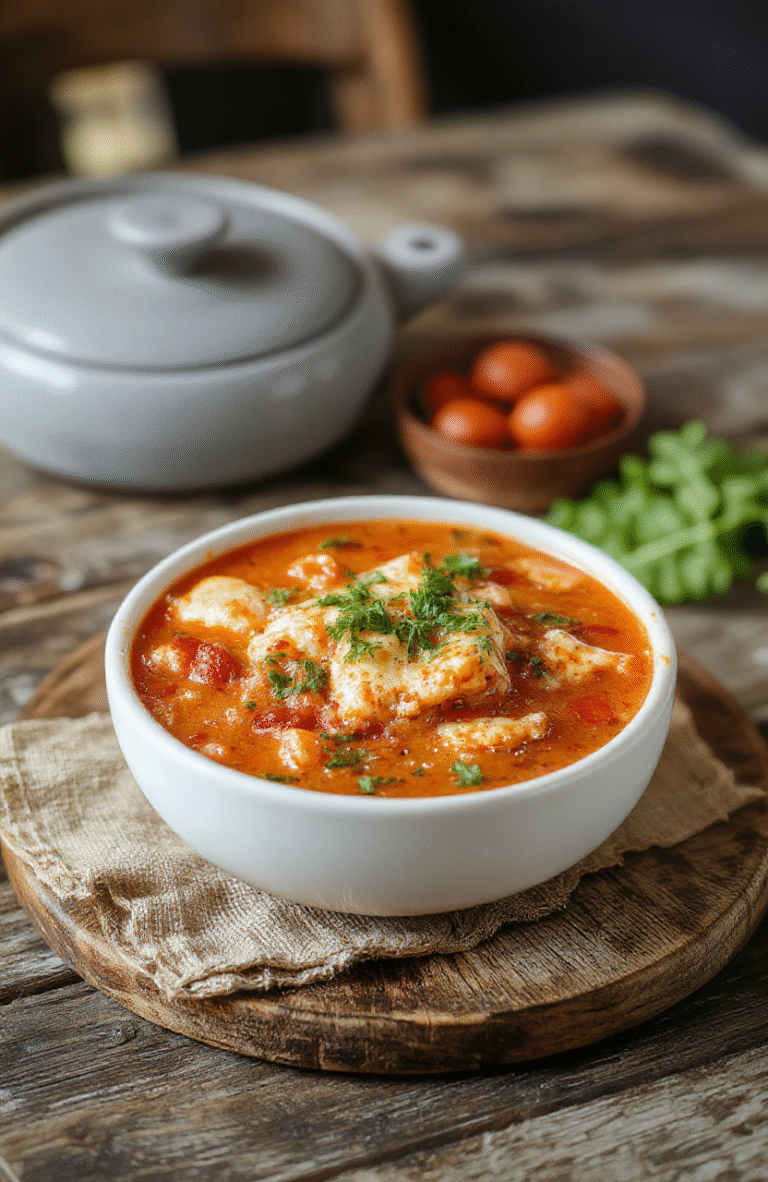 A vibrant bowl of steaming lasagna soup with layers of melted cheese, crumbled sausage, and tomato broth topped with fresh basil leaves, served on a rustic wooden table with a spoon resting inside, capturing rich textures and warm colors.