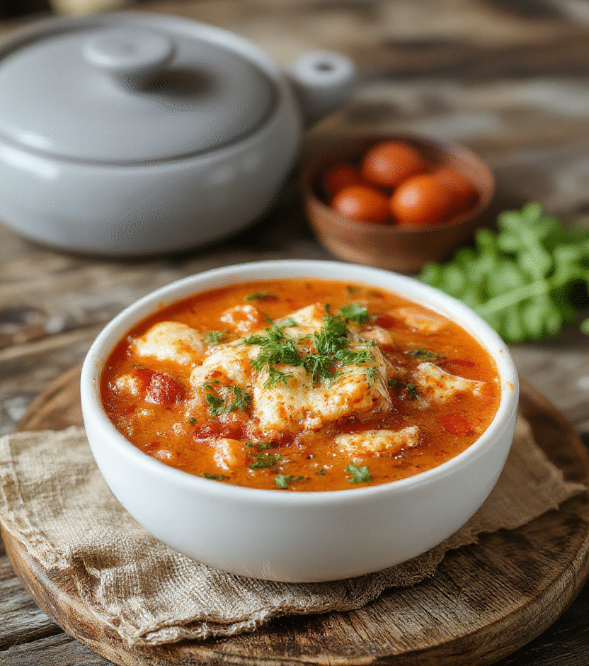 A vibrant bowl of steaming lasagna soup with layers of melted cheese, crumbled sausage, and tomato broth topped with fresh basil leaves, served on a rustic wooden table with a spoon resting inside, capturing rich textures and warm colors.