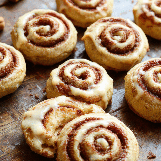 A plate of warm cinnamon roll cookies with swirls of cinnamon sugar, topped with a drizzle of icing, set on a rustic wooden table with autumn leaves in the background, showcasing soft textures and inviting golden hues.