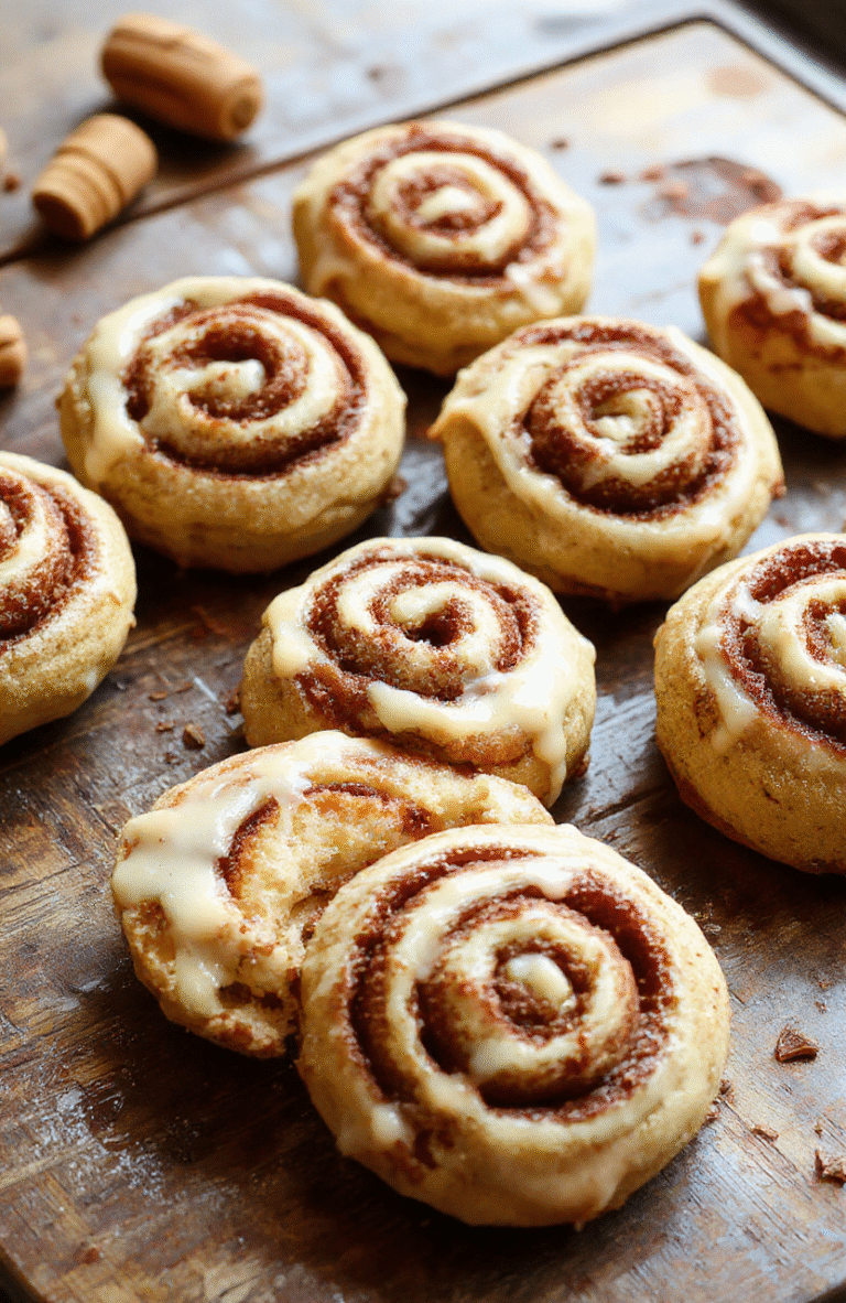 A plate of warm cinnamon roll cookies with swirls of cinnamon sugar, topped with a drizzle of icing, set on a rustic wooden table with autumn leaves in the background, showcasing soft textures and inviting golden hues.
