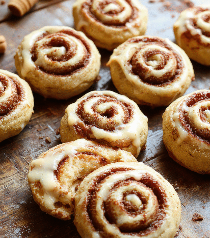 A plate of warm cinnamon roll cookies with swirls of cinnamon sugar, topped with a drizzle of icing, set on a rustic wooden table with autumn leaves in the background, showcasing soft textures and inviting golden hues.