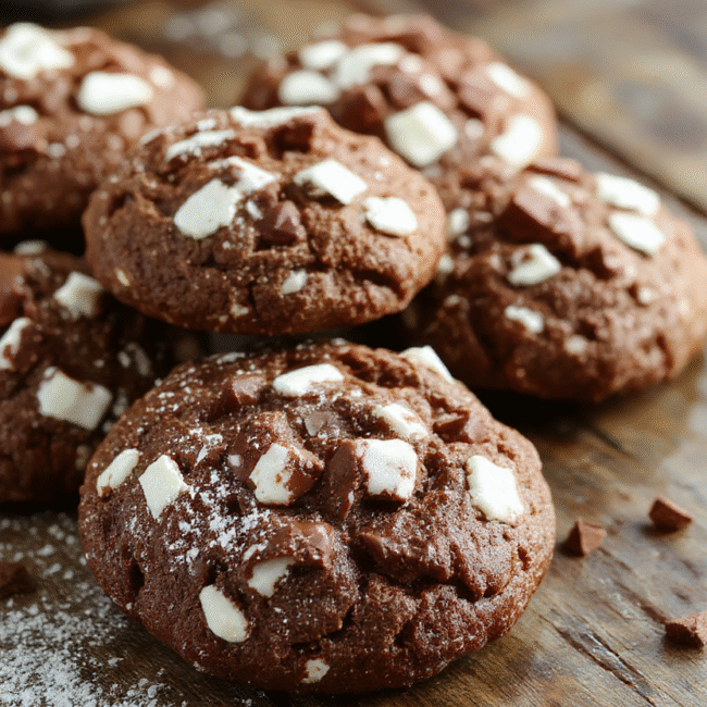 A close-up of warm, gooey hot chocolate cookies topped with melted chocolate and a sprinkle of powdered sugar, arranged on a rustic wooden platter with a cozy winter background, soft natural lighting emphasizes the rich textures and inviting appeal