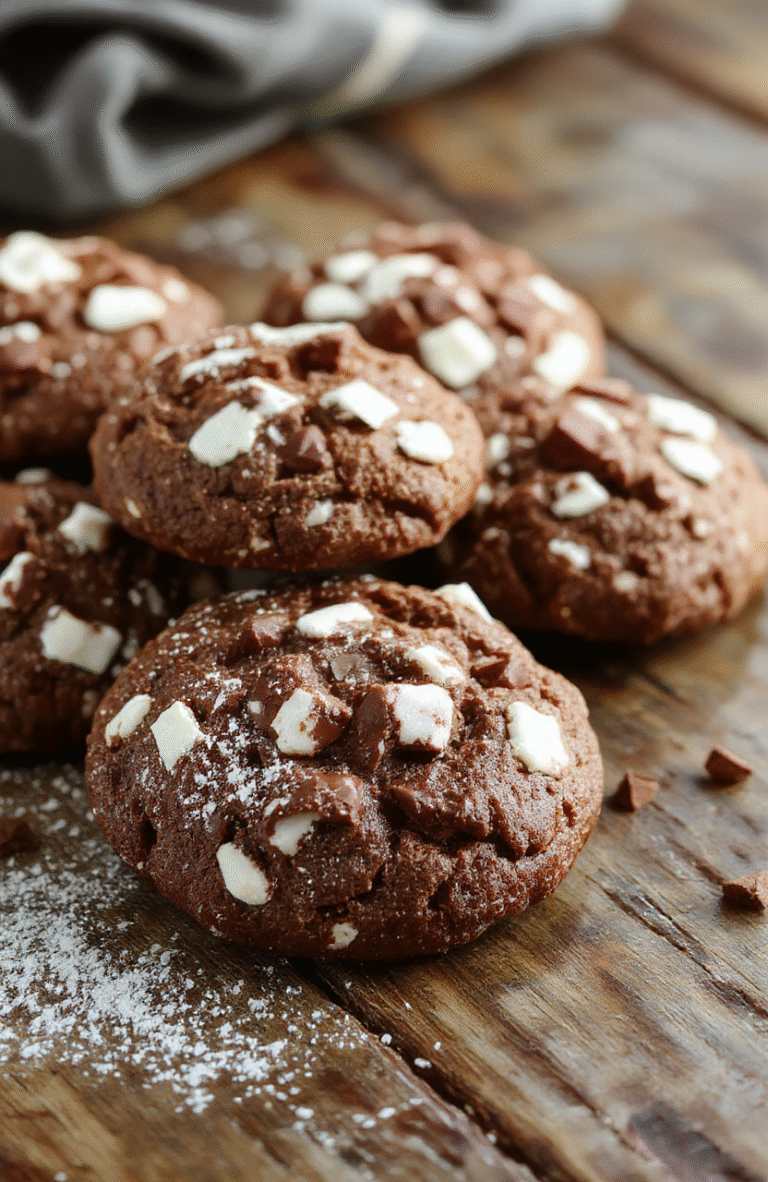 A close-up of warm, gooey hot chocolate cookies topped with melted chocolate and a sprinkle of powdered sugar, arranged on a rustic wooden platter with a cozy winter background, soft natural lighting emphasizes the rich textures and inviting appeal