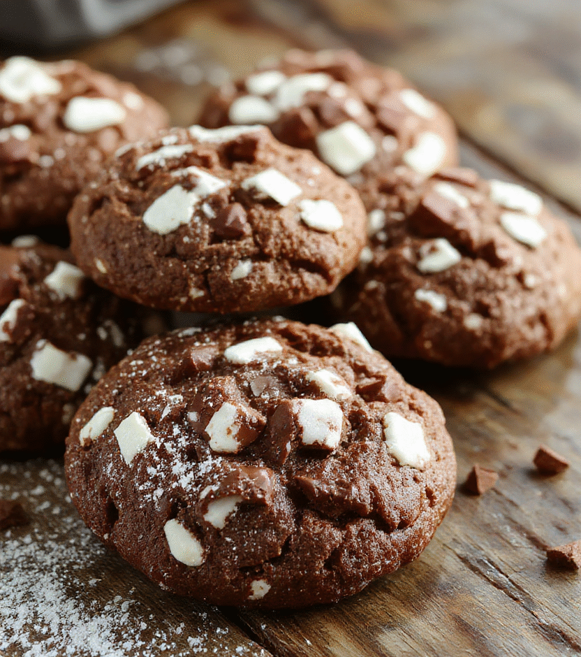 A close-up of warm, gooey hot chocolate cookies topped with melted chocolate and a sprinkle of powdered sugar, arranged on a rustic wooden platter with a cozy winter background, soft natural lighting emphasizes the rich textures and inviting appeal