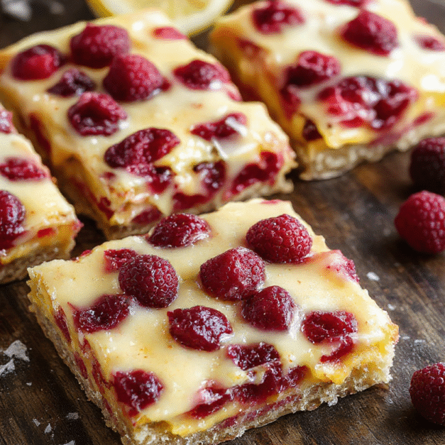 A vibrant plate featuring tart and bright cranberry lemon bars with a golden crust, topped with fresh cranberries and lemon zest, presented on a rustic wooden surface with a sprinkling of powdered sugar, showcasing the glossy lemon glaze and colorful berries, styled simply for an inviting dessert shot.