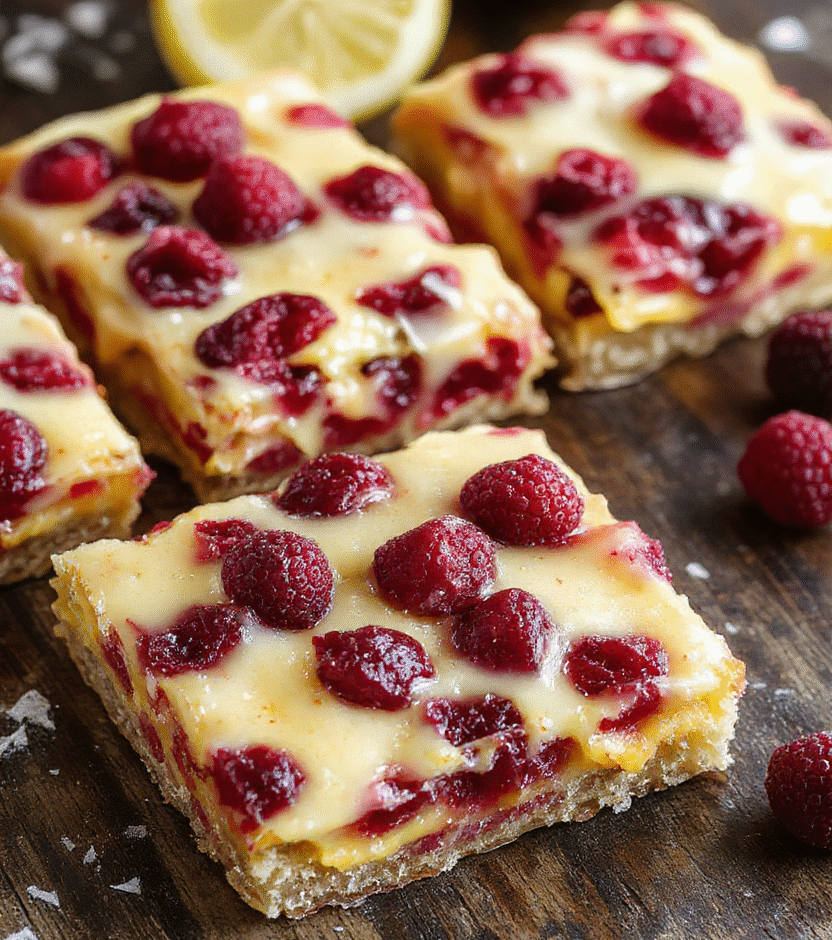 A vibrant plate featuring tart and bright cranberry lemon bars with a golden crust, topped with fresh cranberries and lemon zest, presented on a rustic wooden surface with a sprinkling of powdered sugar, showcasing the glossy lemon glaze and colorful berries, styled simply for an inviting dessert shot.