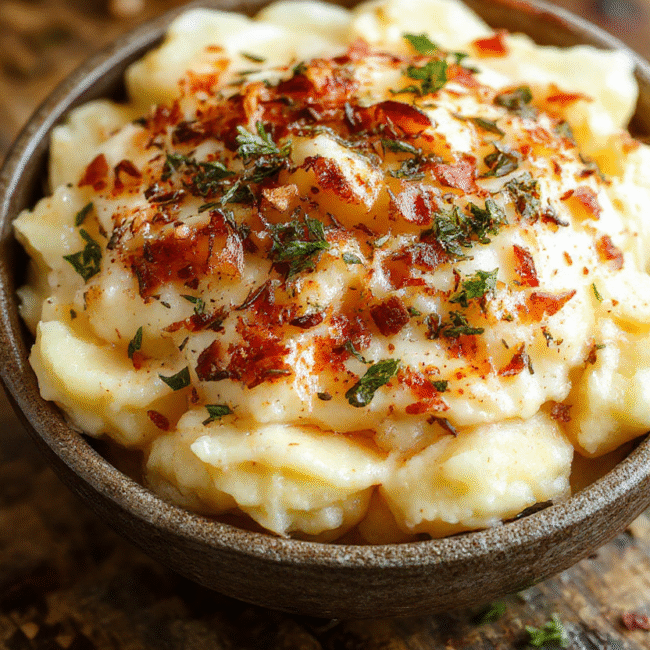 A creamy mound of baked mashed potatoes topped with melted cheese and chopped herbs, served on a rustic white plate. The rich, smooth texture is complemented by a golden crust and vibrant green garnishes, arranged on a wooden table with soft natural lighting highlighting the lusciousness and inviting appeal of the dish.