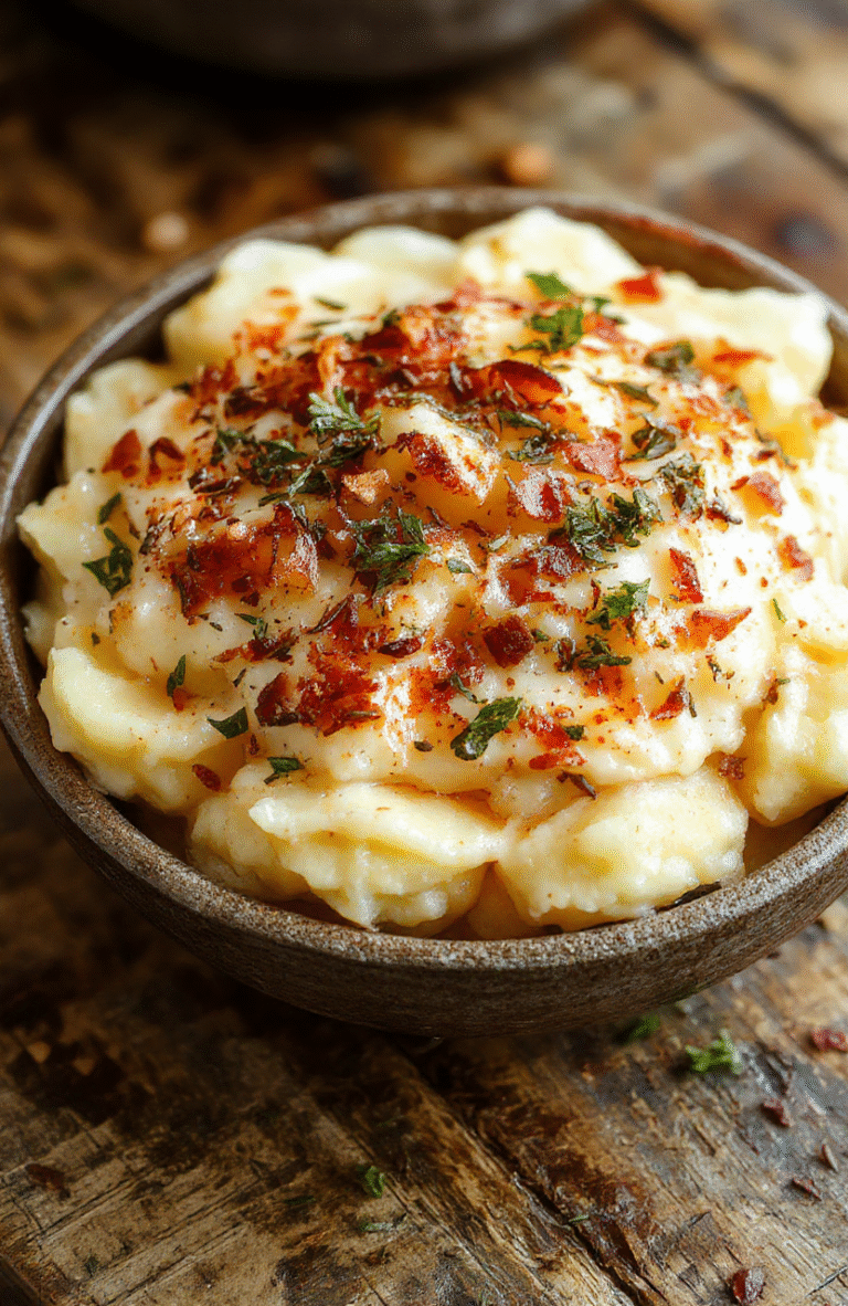 A creamy mound of baked mashed potatoes topped with melted cheese and chopped herbs, served on a rustic white plate. The rich, smooth texture is complemented by a golden crust and vibrant green garnishes, arranged on a wooden table with soft natural lighting highlighting the lusciousness and inviting appeal of the dish.