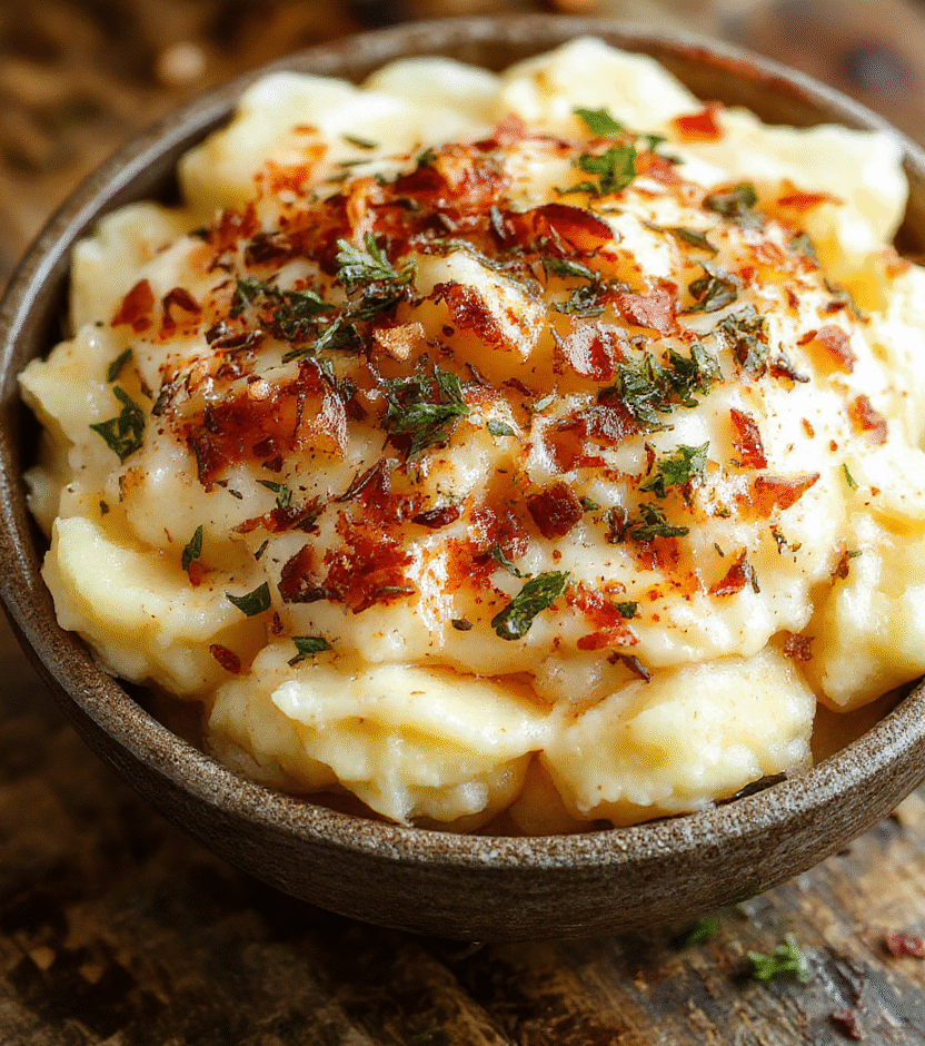 A creamy mound of baked mashed potatoes topped with melted cheese and chopped herbs, served on a rustic white plate. The rich, smooth texture is complemented by a golden crust and vibrant green garnishes, arranged on a wooden table with soft natural lighting highlighting the lusciousness and inviting appeal of the dish.