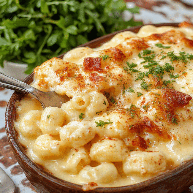 A creamy baked mac and cheese dish with golden-brown crispy topping, served in a rustic baking dish. The cheesy sauce is visible, with gooey melted cheese and tender pasta, garnished with fresh herbs. The dish has a rich, velvety texture, and the surface is slightly browned and bubbly, presenting an inviting and comforting presentation.