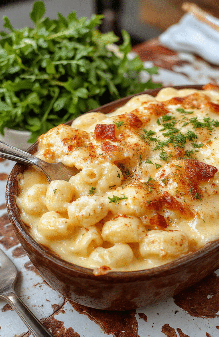 A creamy baked mac and cheese dish with golden-brown crispy topping, served in a rustic baking dish. The cheesy sauce is visible, with gooey melted cheese and tender pasta, garnished with fresh herbs. The dish has a rich, velvety texture, and the surface is slightly browned and bubbly, presenting an inviting and comforting presentation.