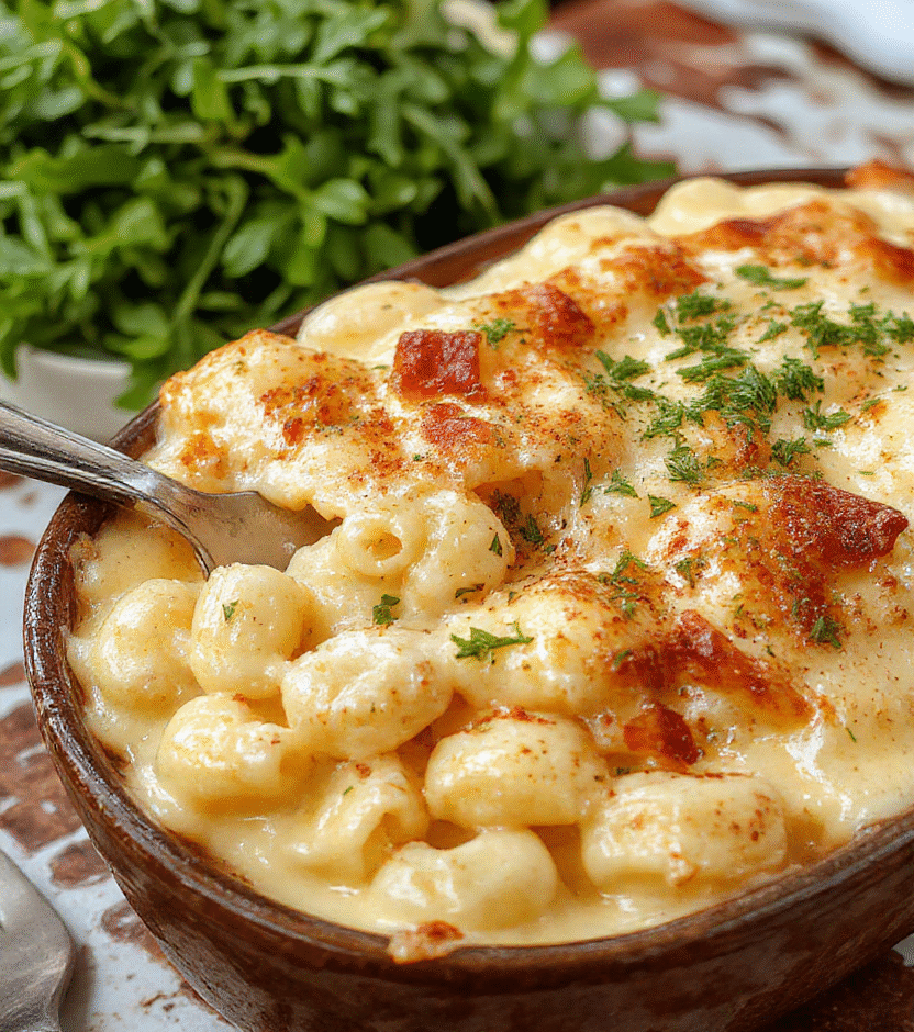 A creamy baked mac and cheese dish with golden-brown crispy topping, served in a rustic baking dish. The cheesy sauce is visible, with gooey melted cheese and tender pasta, garnished with fresh herbs. The dish has a rich, velvety texture, and the surface is slightly browned and bubbly, presenting an inviting and comforting presentation.