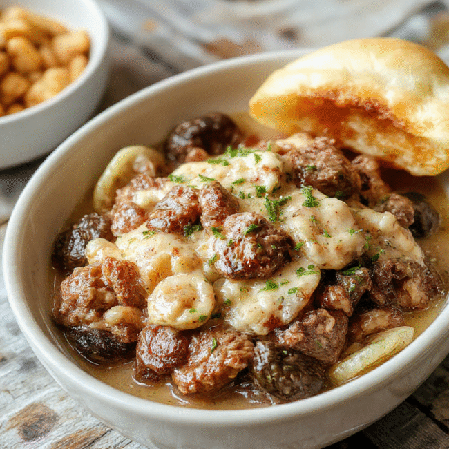 A vibrant bowl featuring creamy beef and shell pasta, topped with fresh herbs, showcasing rich textures and a golden cheese crust, styled simply with a rustic background.